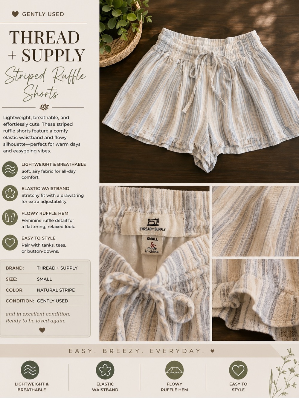 Thread & Supply Natural Stripe Ruffle Shorts in Cream and Blue